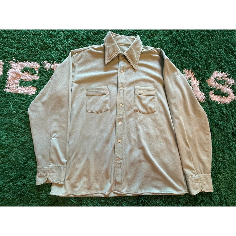 Unbranded Button Up Shirt Mens L Sage Green Fair Vintage 70s Disco Collar Knit